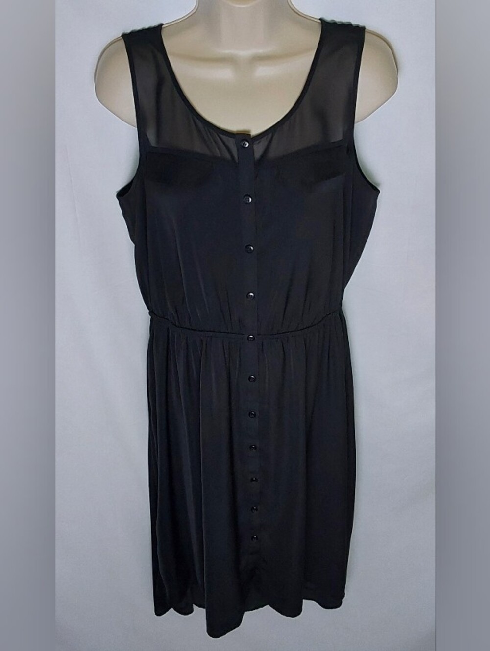 Ann Taylor Black Sleeveless Button-Front Dress with Sheer Yoke